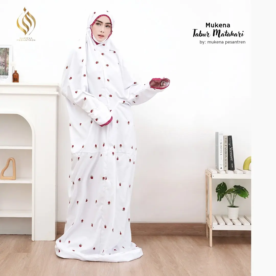 Mukena Terusan kain Katun Micro Bordir Bunga Matahari (BEST SELLER) mukena  putih santri mukena  menutup dagu Mukena Putih mukena  putih pondok Mukena Katun