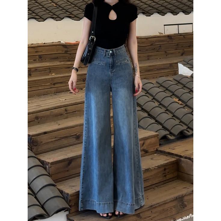 LL Jeans Korea Style Biru Highwaist Baggy Celana Jeans Wanita Elegan Bahan denim melar (realpict)