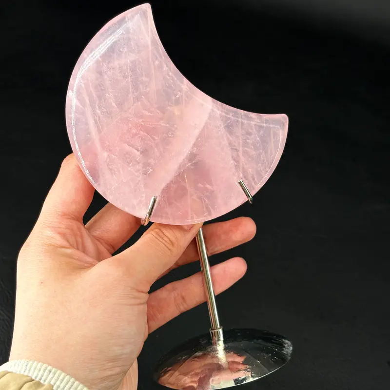 1 count "Elegant Rose Quartz Crescent Moon Decor - Hand - Carved Gemstone Art | 9.5 - 10cm" 2