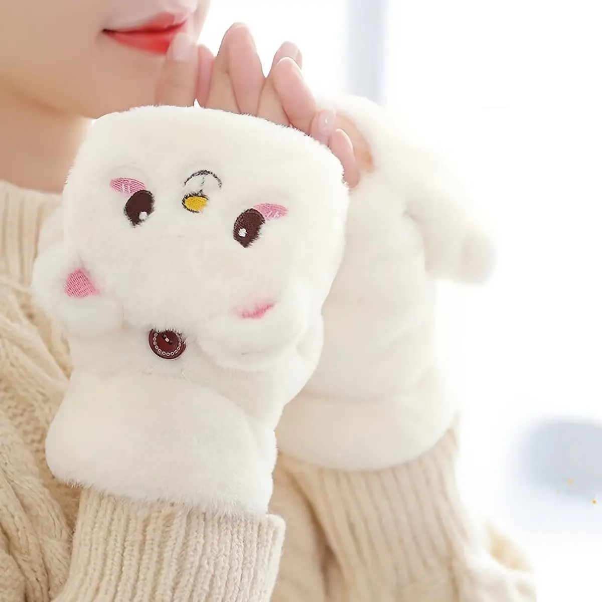 Găng Tay Hở Ngón Dệt Kim Polyester, 1 Đôi, Dành Cho Nữ, Thời Trang, Thiết Kế Dễ Thương, Găng Tay Giữ Ấm Mùa Đông, Phong Cách gang  tay