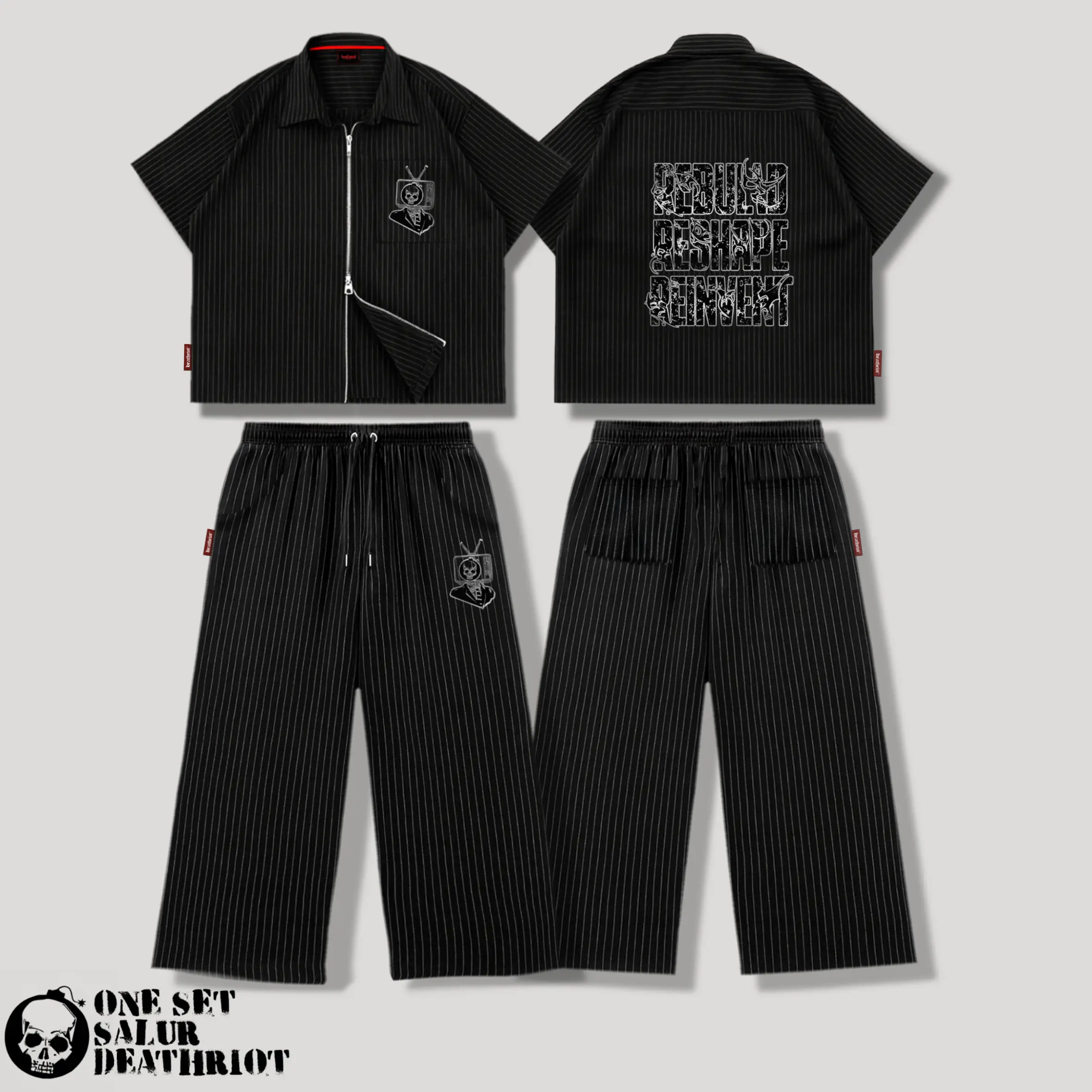 DTRT - One Set Workshirt Boxy Double Zipper Celana Baggy Pants Stripe Salur Hitam -3R