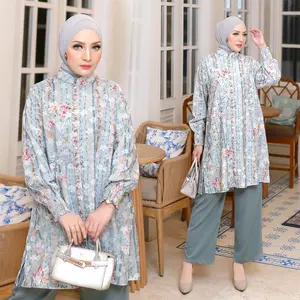 Noura Set Celana Tunik One Set Tunik (Muat Fit LD 120cm) 844 - Bahan Lumi Emboss dan Marbella, Wudhu Busui Ibu Menyusui Busuy Friendly Kancing Depan, Baju Santai Casual Nyaman Wanita Muslim, Lengan Panjang Karet Celana Panjang Anti Kusut