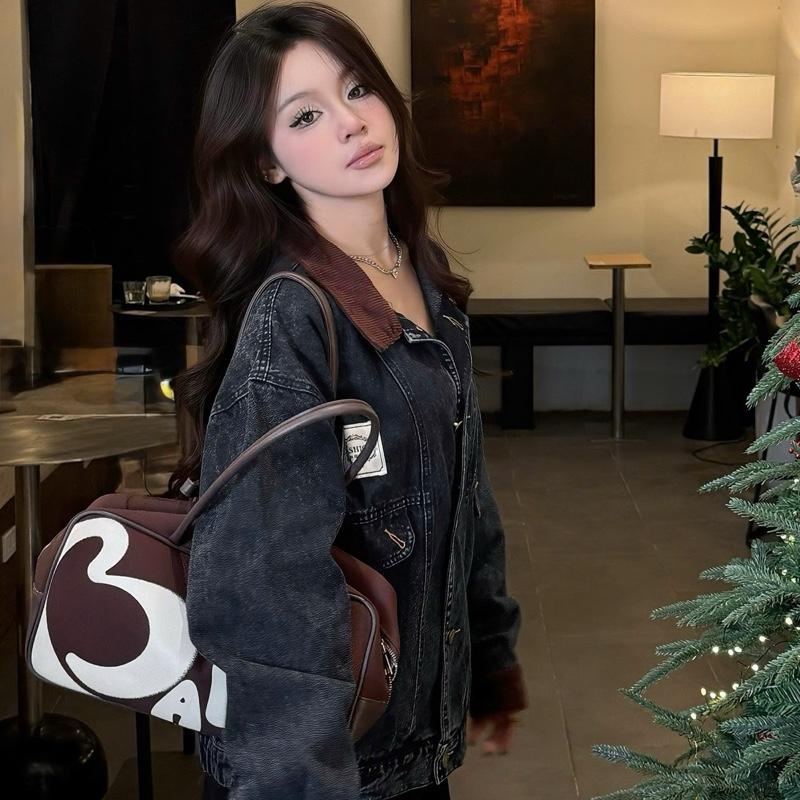  Áo Khoác Jeans Denim Dày Phối Cổ Nhung Gắn Tag Unisex Form Rộng Nam Nữ - Áo Khoác Bò Jacket Top 