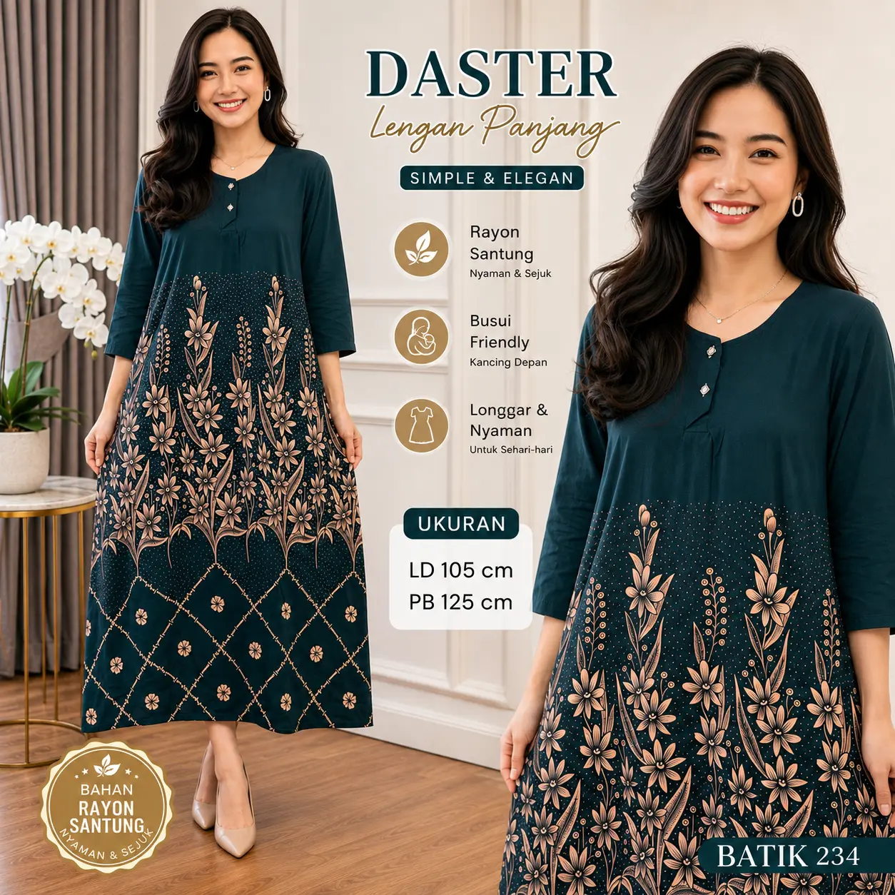 Daster Lengan Panjang Murah Kekinian Busui Bumil Pekalongan Rayon Santung Standar Busui Friendly Kancing