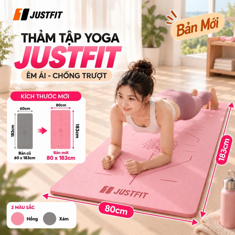 Thảm Tập Yoga JUSTFIT TPE 7mm-9mm Chống Trượt 2 Mặt, Vạch Định Tuyến, Đàn Hồi Êm Ái 183x80cm