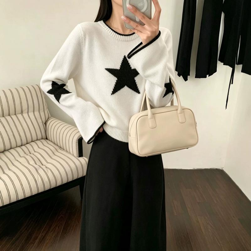 Women’s round-neck sweater for fall and winter, featuring a youthful and elegant design, a loose fit that accentuates a slender figure, and a casual style, perfect as a knitted layering piece.