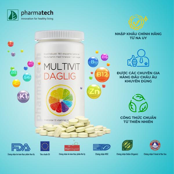 Viên uống bổ sung vitamin và khoáng chất Multivit Daglig - Hộp 180 viên - Nhập khẩu chính hãng từ Na Uy chất lượng Châu Âu