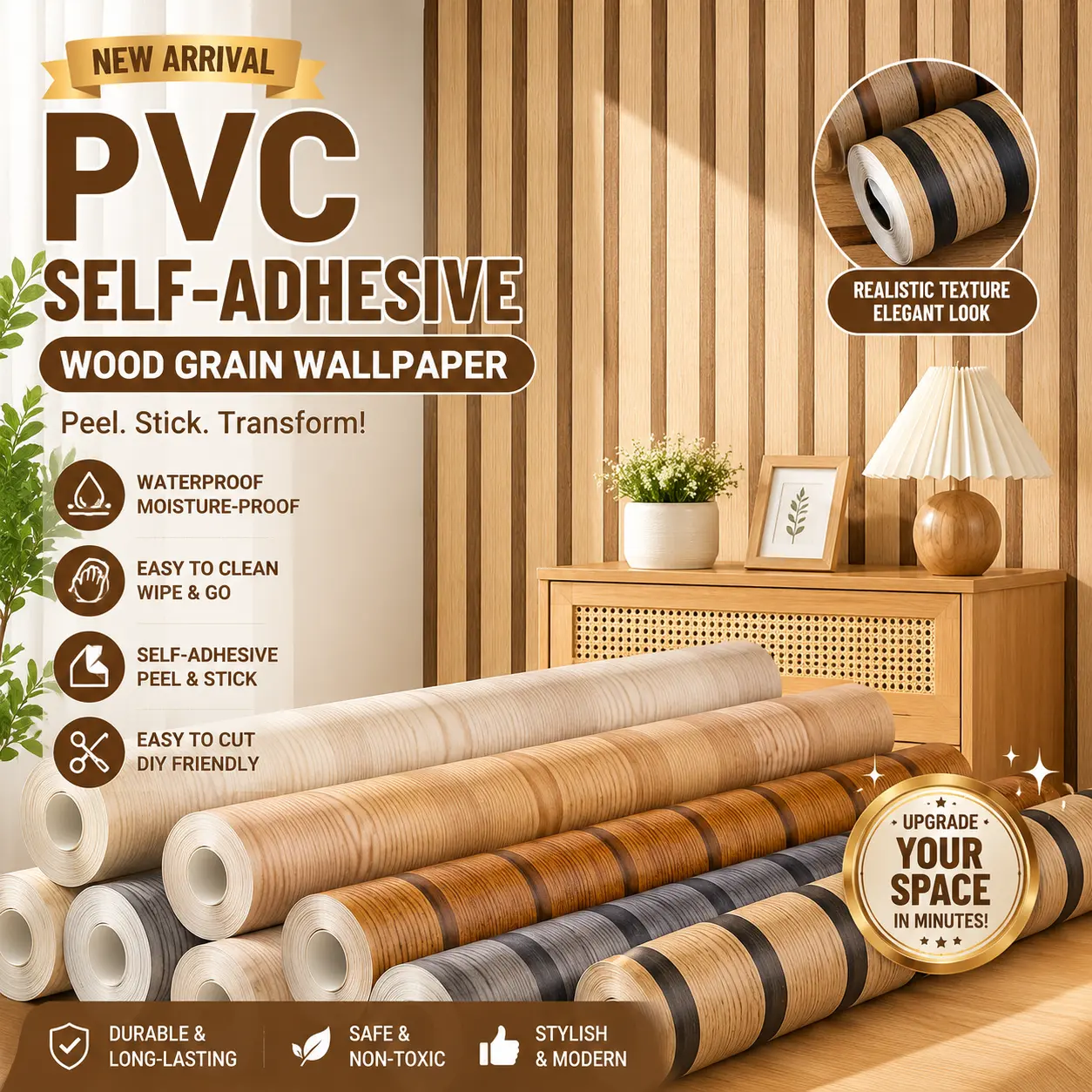 BHW Wall Sticker Wood Design 45CM x 30FT Self Adhesive 3D Waterproof PVC Wall Decorative Stickers