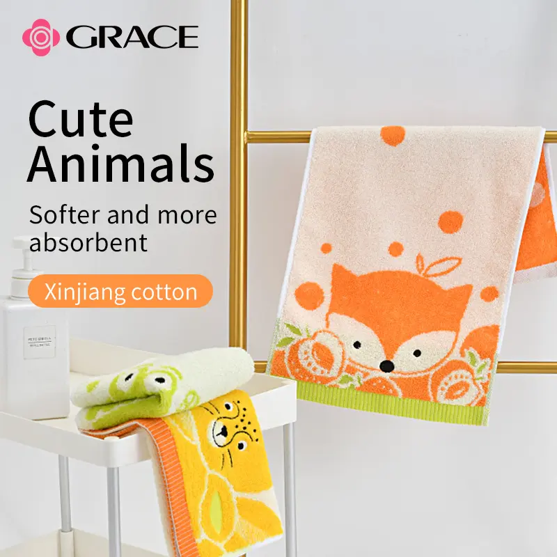 Grace 3 Pack Cute Pattern Hand Towels, Pure Cotton Children Bathroom Towel Animals, Fingertip Bath Towels for Home, Kids Washcloths