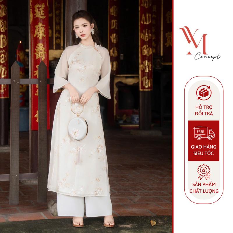 YM Concept Set Áo Dài Cổ Lệch Đính Ngọc Khoét Cổ Cột Nơ Vải Tơ Thêu Hoa Tay Lửng Kèm Quần Tôn Vẻ Đẹp Duyên Dáng Thanh Lịch Cho Ngày Tết AD1499