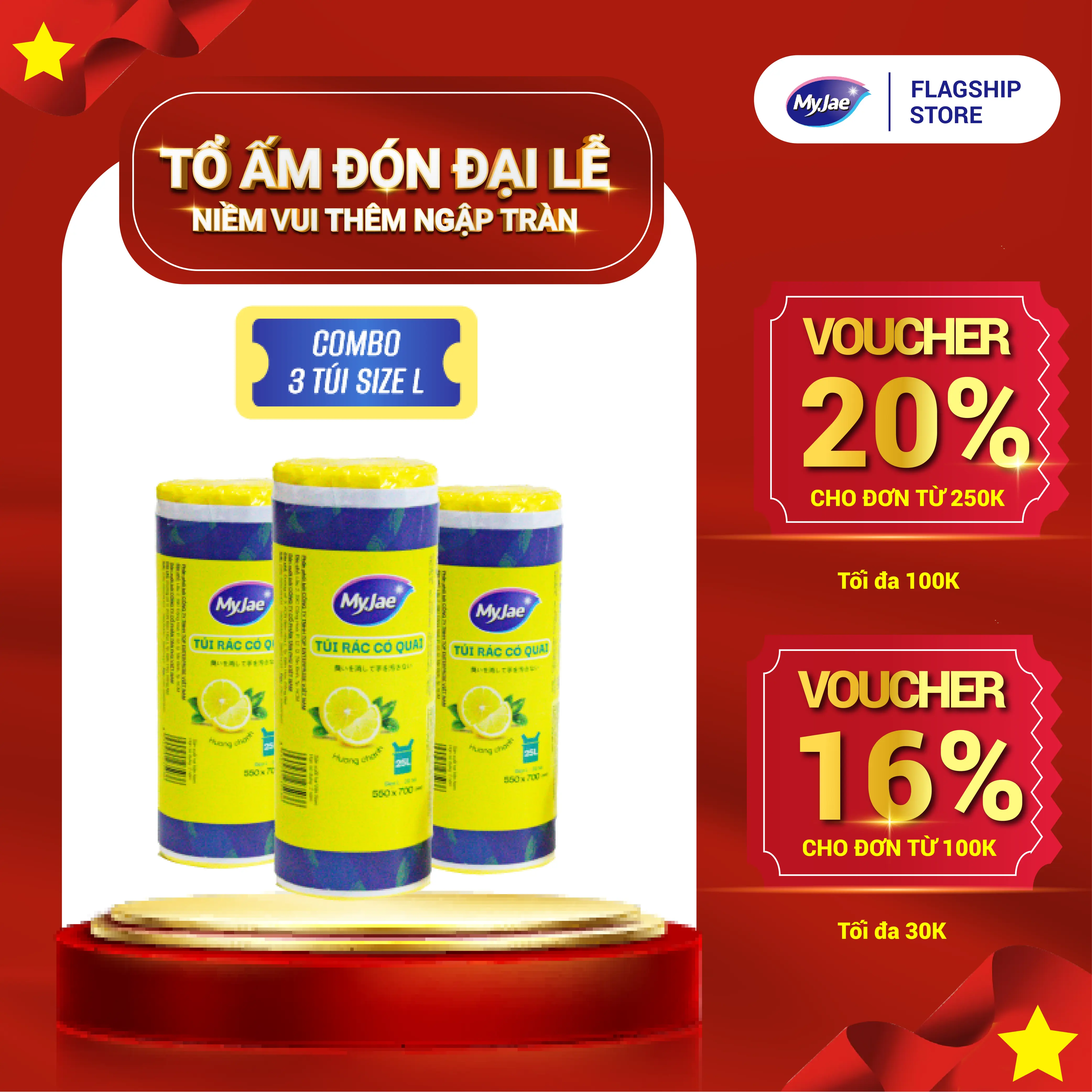 COMBO 3 Túi Rác Có Quai MyJae , Tự Phân Hủy, Dạng Cuộn 2 Size 10L 25L Kitchen