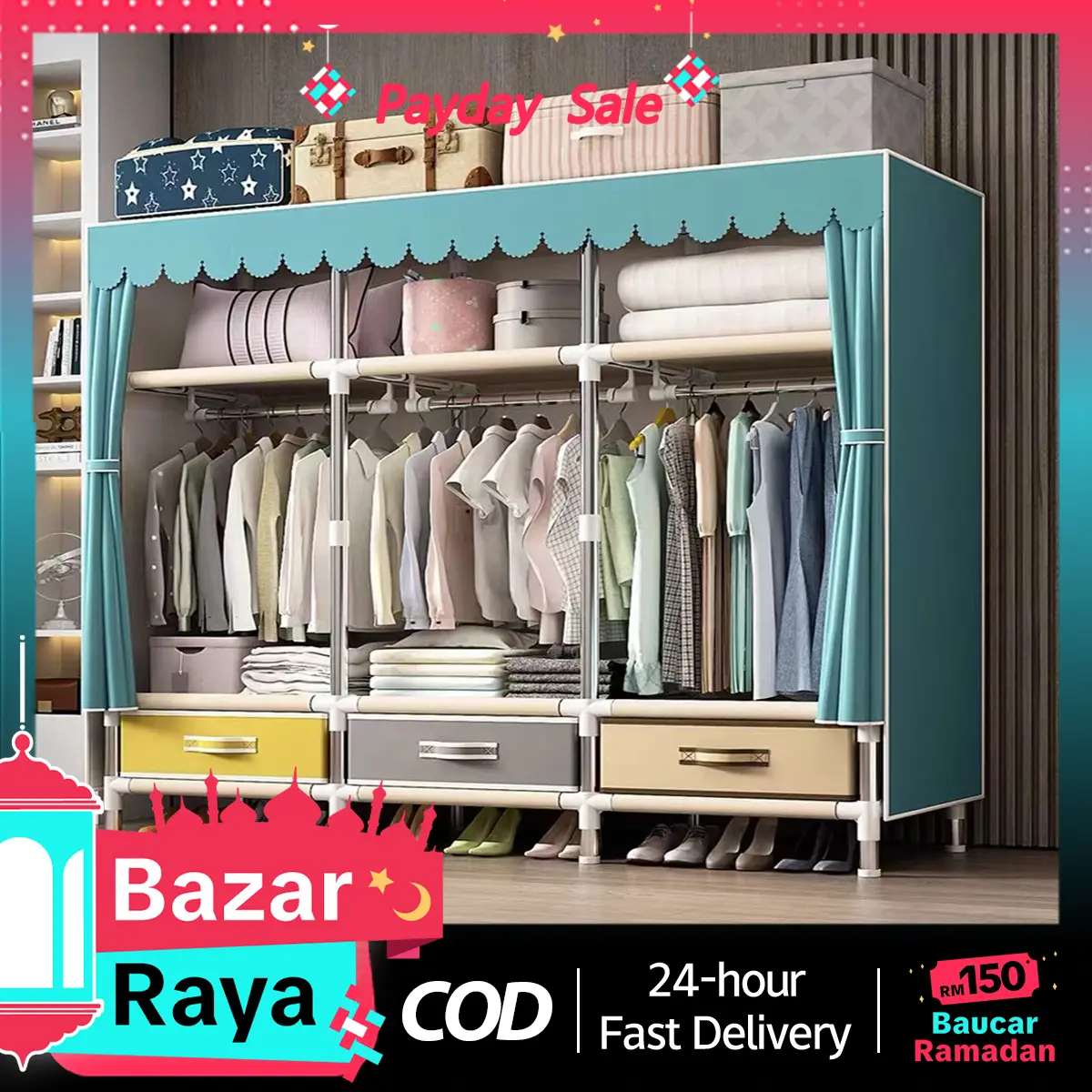 Oo-Wardrobe Almari Baju Rak Baju Clothes Organization Storage Rack Cabinet Bedroom Furniture Clothes Rack Cupboard