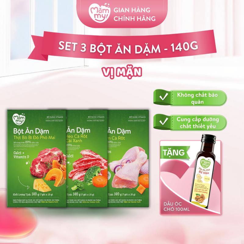Combo 3 Hộp Bột Ăn Dặm MĂMMY Cho Bé (Bắp Non, Yến Mạch, Trái Cây Mùa Hè, Gà Hầm Cà Rốt, Thịt Bò Bí Đỏ Phô Mai, Sườn Heo Cà Rốt Bông Cải Xanh) Hộp 7 Gói/20g [OC]
