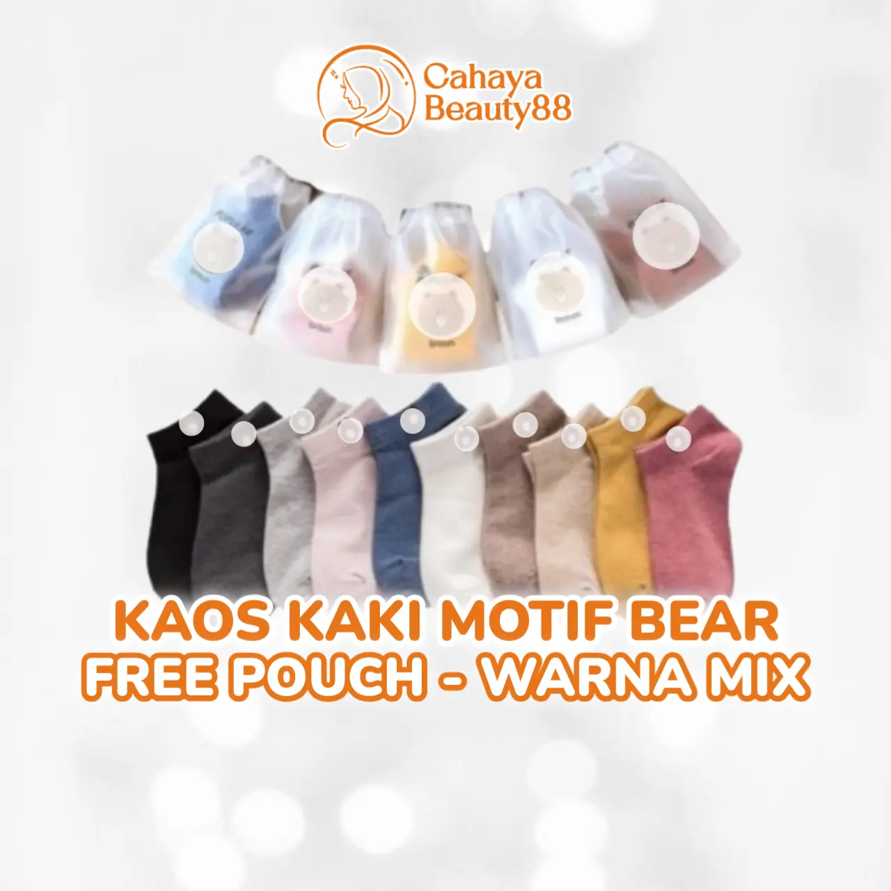 Kaos Kaki Motif Bear - Free Pouch (Warna Mix)