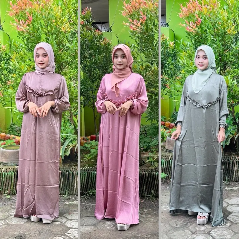 (PROMO GAMIS 2025) Gamis Bahan Shimmer Silk Pakaian Wanita Muslim Dewasa Dress Remaja Mewah Lebaran Syari -  Nyaman Lembut Panjang Tebal 0