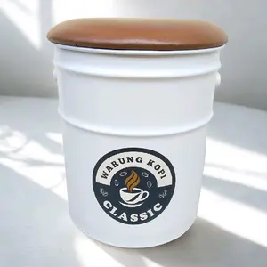 KURSI TONG CAFFE PUTIH CLASSIC DENGAN DESAIN ESTETIK AWET & TAHAN LAMA Furniture Bahan Kaleng Cat Duplex Papan Jati Kulit Sintetis Busa Innoac Tinggi 37cm Diameter 30cm Mampu Menahan Bobot Hingga 100kg