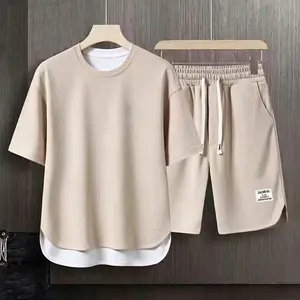 Men's trendy new fashion versatile couple stylesummer set of short sleeved khaki t-shirts and shorts