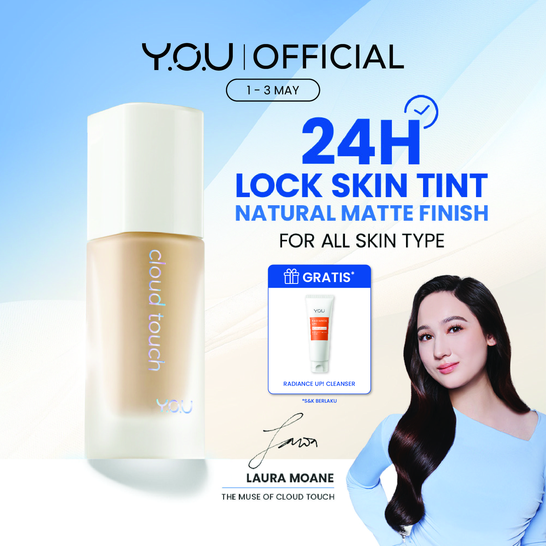 [BUY SKIN TINT FREE CLEANSER] YOU Cloud Touch Blurring Skin Tint Liquid Foundation Natural Matte Finish Tahan Lama 24 Bedak Wajah SPF Kosmetik