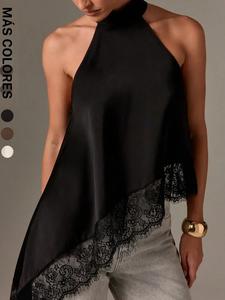 Top de encaje con cuello halter para San Valentín, estilo romántico Y2K coquette, corte asimétrico corto para citas y salidas nocturnas (1 pieza)