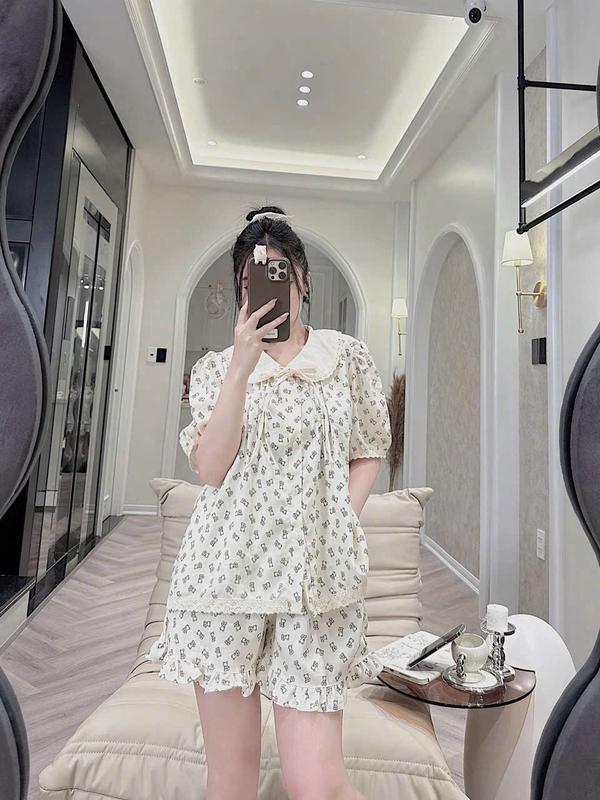 Bộ Đồ Đũi Vân Mây Cổ Sen Viền Ren Chất Mịn Mát 1