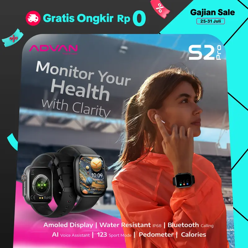 ADVAN Smartwatch S2 PRO AMOLED Display 1.95" inch Slim AI Voice Assistant Bluetooth Call Waterproof IP68 Touchscreen Health Monitoring 0