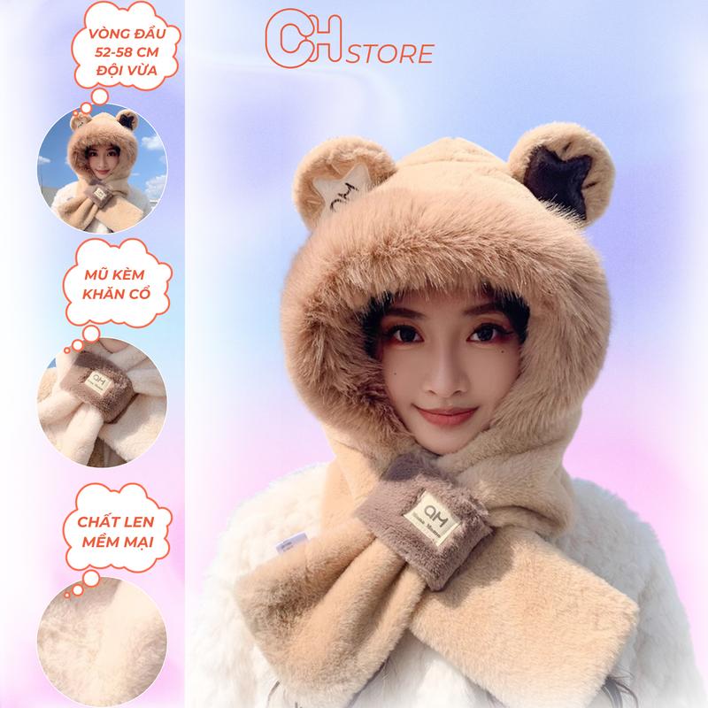 Mũ len nữ kèm khăn chùm đầu tai thời trang đội ấm thu đông Voi Women 