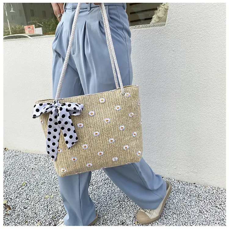 Totebag Kuliah Bahan Anyam Jerami Daisy Dengan Syal Polka Koreain Style Import - BAO158 Anyaman Wanita 7