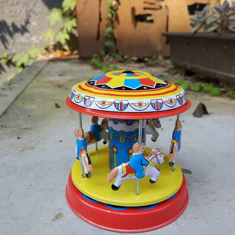 Classic Vintage Clockwork Wind Up Rotating Merry-Go-Round Tin Toy Birthday Holiday Carousel Decoration