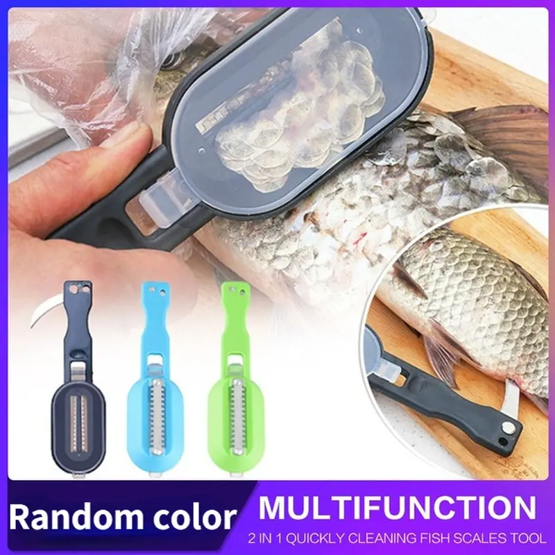 Berus kulit ikan 2 dalam 1, pengikis cepat untuk mengeluarkan sisik ikan, alat planer, penimbang ikan, pisau memancing, alat pembersih, aksesori dapur, warna rawak, 1 keping