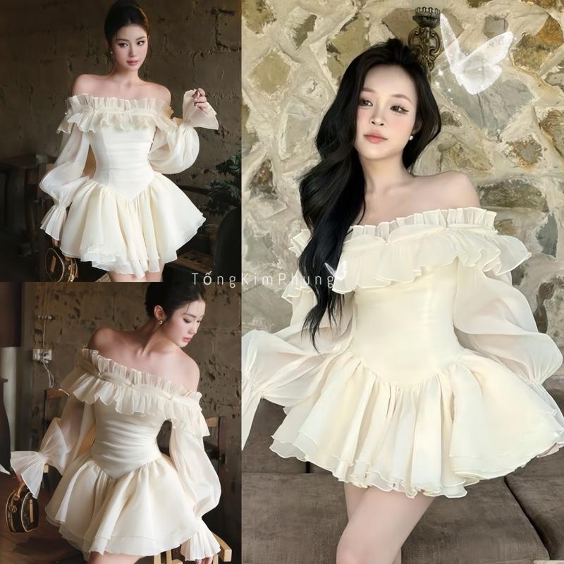   HÀNG 4 LỚP NHÚN NHIỀU Y HÌNH Váy Tiểu Thư Trễ Vai Tay Phồng Nút Ngọc Dáng Xoè Bồng Bềnh Xinh Xắn Kèm Bảo Hộ Hàng May 4 Lớp Vải  đi chơi,đi tiệc  