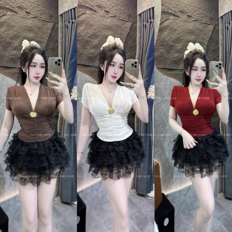  ÁO THUN TAY NGẮN CỔ TIM NHÚNG EO 2 BÊN 