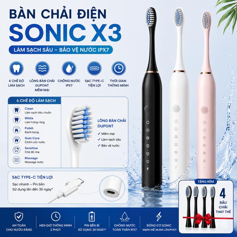 Bàn Chải Răng Thông Minh Sonic X3 - 6 Chế Độ Làm Sạch Kèm 4 Đầu Thay Thế