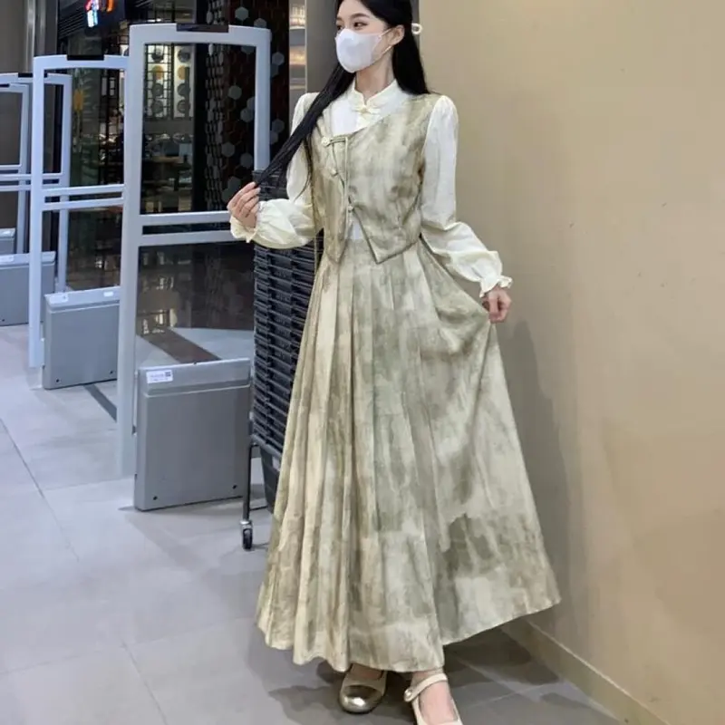 CHICMORE Gaun Wanita Motif Bergaris Rok Panjang Berkerah Lengan Panjang Gaya Kasual 1