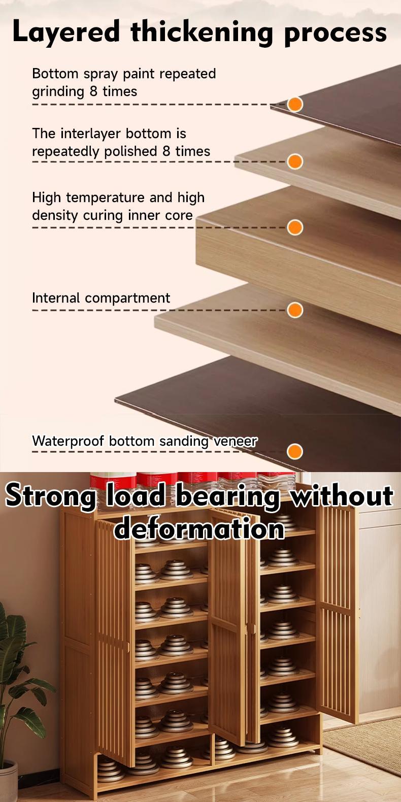 Product Introduction of SG Local Seller 2025 – Upgrade your entryway with this Bamboo Shoe Rack Cabinet, featuring breathable doors and thickened laminate shelves for storage. 33