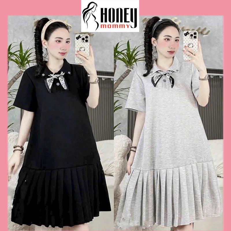 Đầm Bầu Váy Bầu Mùa Hè Dáng Xuông Chân Váy Xếp Ly Cộc Tay Chất Vải Umi Cổ Sơ Mi Kèm Khăn Basic HD3206 Honey Mommy