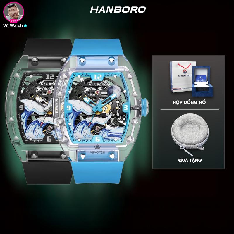 Đồng Hồ Nam HANBORO 9038 [5254] Sóng biển Chất liệu khung  Polycarbonate | Tặng kèm 1 bóp đựng đồng hồ