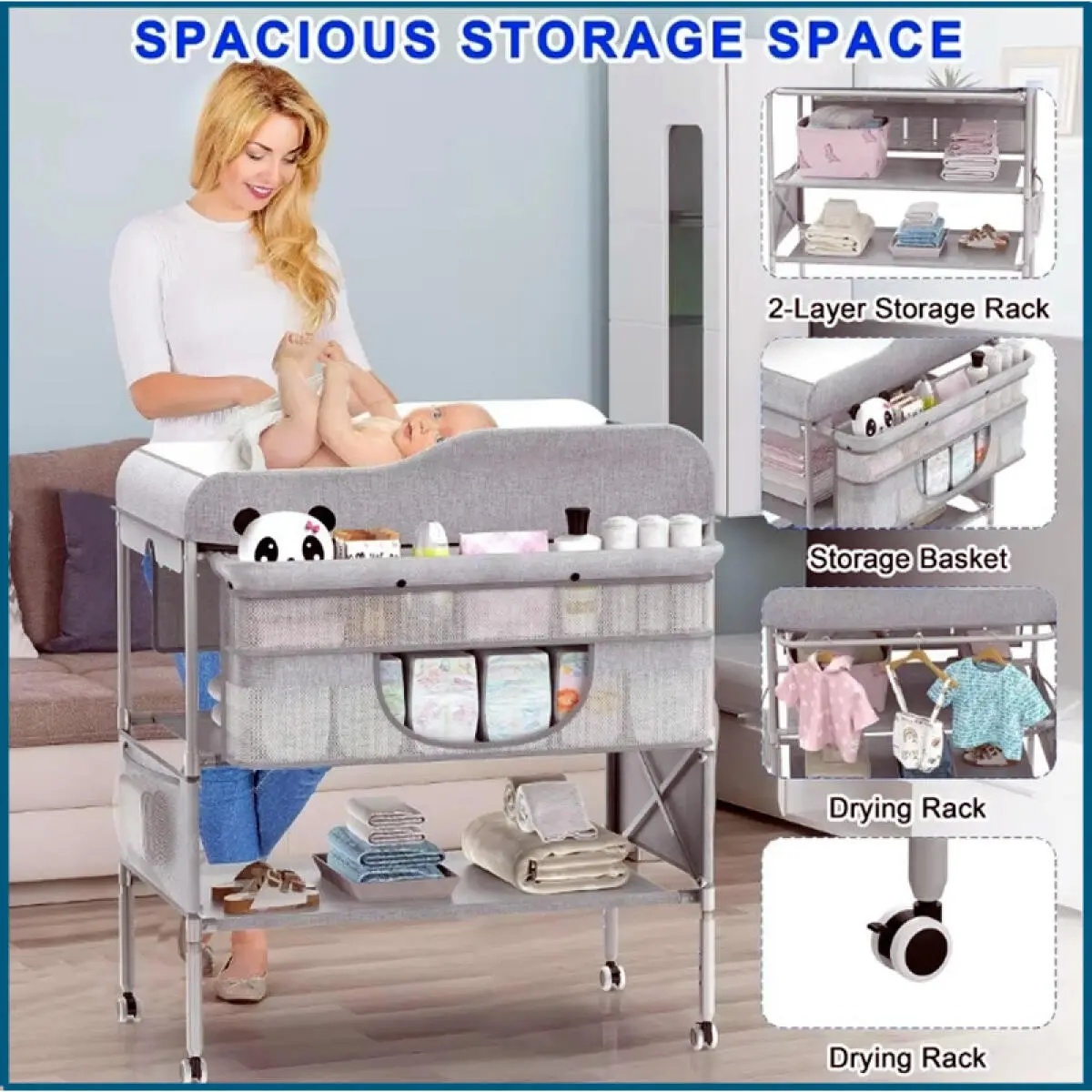 Portable Baby Changing Table, Foldable Changing Table Dresser Baby Changing Station, Height Adjustable