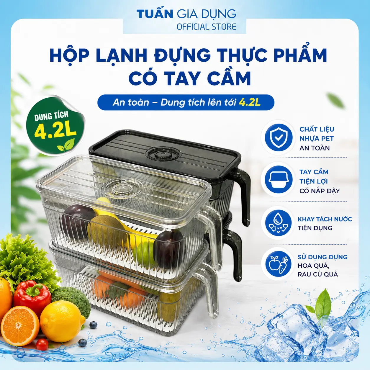 Hộp đựng thực phẩm, rau củ quả đựng tủ lạnh có tay cầm, nắp đậy, khay tách nước Đức Minh dung tích 4.2 lít (IV)