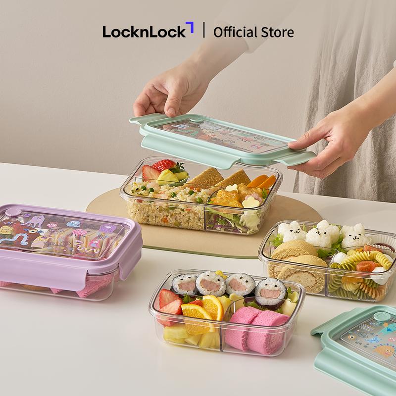 NEW Hộp cơm 3 ngăn nhựa PCTG trong suốt LocknLock LCB501 LCB502 KHÔNG GIỮ NHIỆT 2 size 750ml 1L màu tím-xanh họa tiết dễ thương