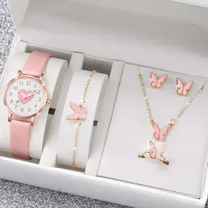 Jam Tangan Kuarsa Wanita Gelang Kulit Pola Cinta Putaran Jam Tangan Dial Kecil Bulat