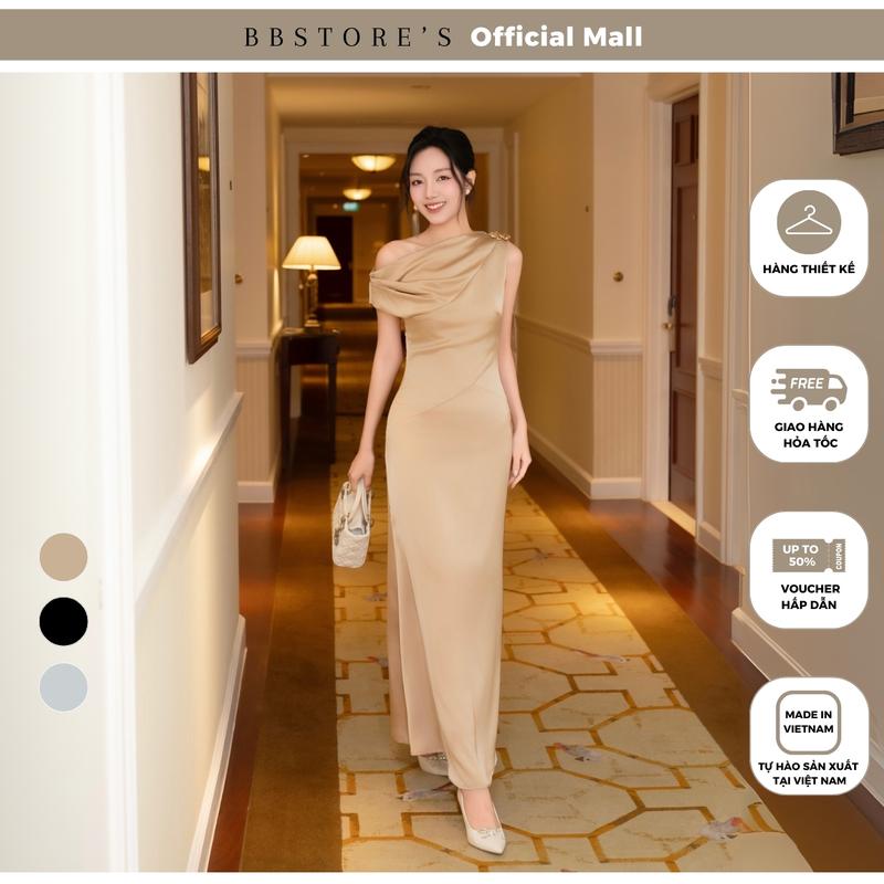 [BBSTORE'S] Đầm Suông Tiệc Lụa Dài Lệch Vai Kèm Tag Cài - D4480B đầm  dạ  hội  đẹp  sang  chảnh