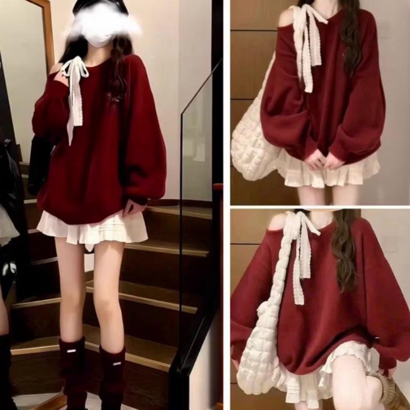 Set Đồ Nữ-Set Nỉ Đỏ Áo Lệch Vai Buộc Nơ Ren Mix Chân Váy Xoè 3 Tầng ,Kiểu Dáng Dễ Thương Tiểu Thư Dễ Phối Đồ -Phù Hợp Mặc Hàng Ngày ,Noel ,Lễ Tết