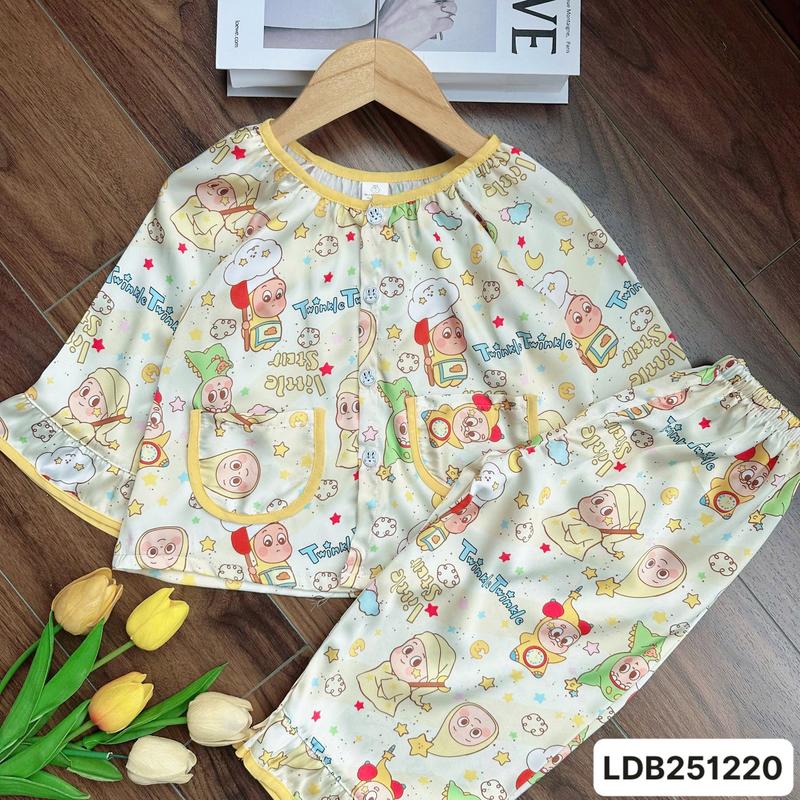  LDB251220 Bộ lụa dài babydoll mẹ bé pijama tay dài quần dài cho bé gái 12kg-60kg cài nút phối viền 