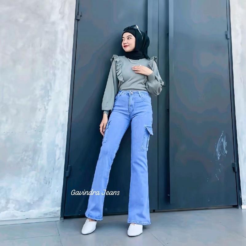 Cutbray Cargo Jeans Wanita Best Seller - Celana Jeans Wanita - Cargo Jeans Highwaist Streetch straight 1