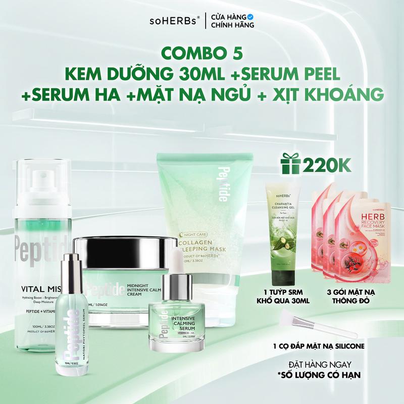 Combo Căng Bóng : Xịt Dưỡng 100ml + Serum Peel 15ml + Serum HAB5 20ML+ Kem Dưỡng Chuyên Sâu + Mặt Nạ Ngủ Collagen 100ml - Hỗ Trợ Cấp Ẩm Căng Bóng Dưỡng Sáng Giúp Da Đều Màu Và Cải Thiện Lỗ Chân Lông Skincare - Nữ Women