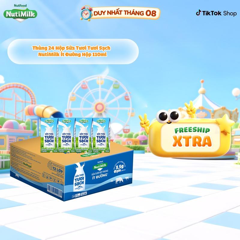 Thùng 24 Hộp Sữa Tươi Tươi Sạch NutiMilk Ít Đường Hộp 110ml