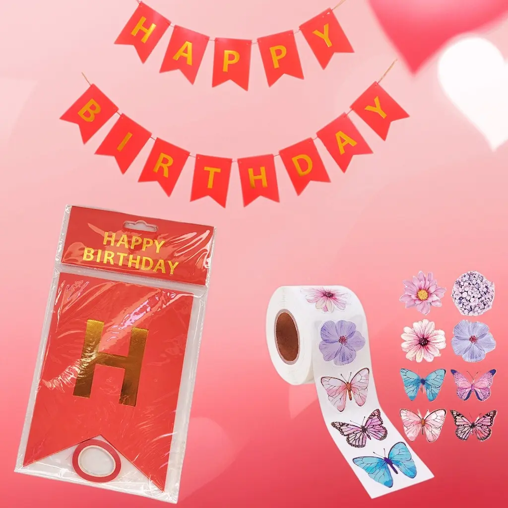 Happy Birthday in English, Hot Gold Flag, HAPPY BIRTHDAY Letter Pulling Flag, Party Background Wall Decoration, Roll Set Butterfly Flowers, Alien Stickers, Decorative Gift Box, Adhesive Stickers, Labels