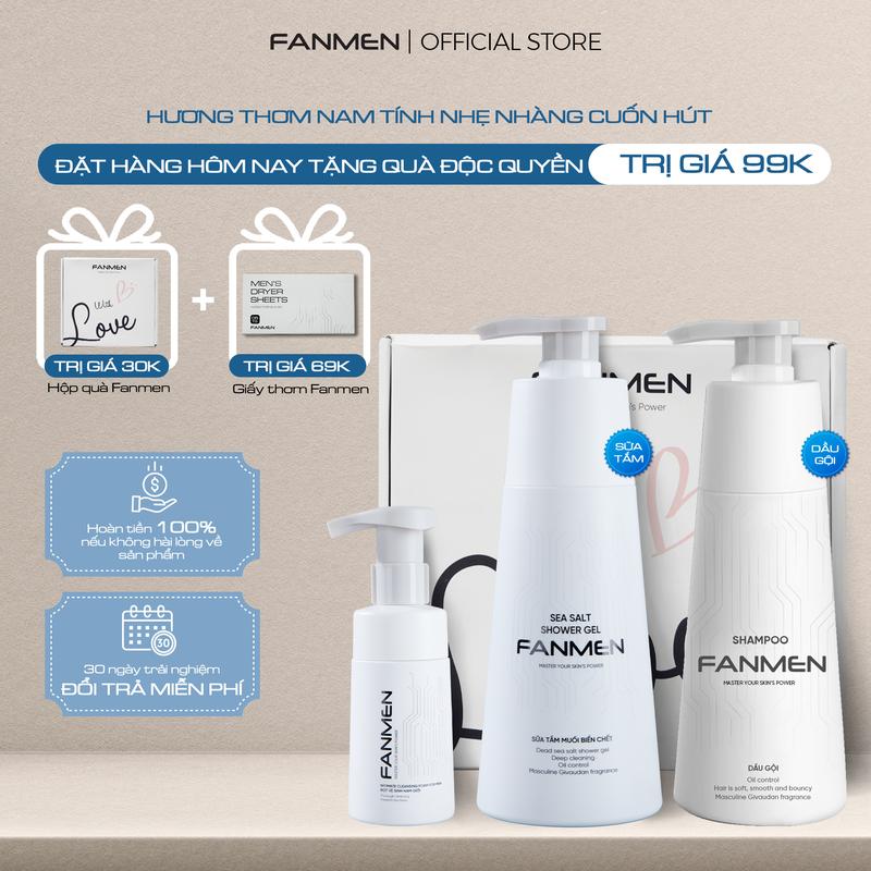 [ Combo Trưởng Thành ] Dầu gội sạch gàu dưỡng tóc cho nam Fanmen 350ml, Sữa tắm muối biển chết hương thơm BlueSea nam tính 350ml và Bọt vệ sinh nam làm sạch toàn diện khuẩn khử mùi 100ml hương thơm nam tính | Tặng Kèm Hộp Đựng WLv Quà 0Đ