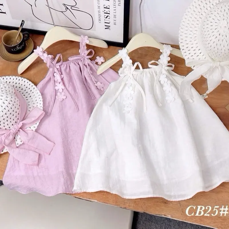Váy hai dây đũi chữ A phối dây hoa 2 màu kèm mũ xinh cho bé gái 0