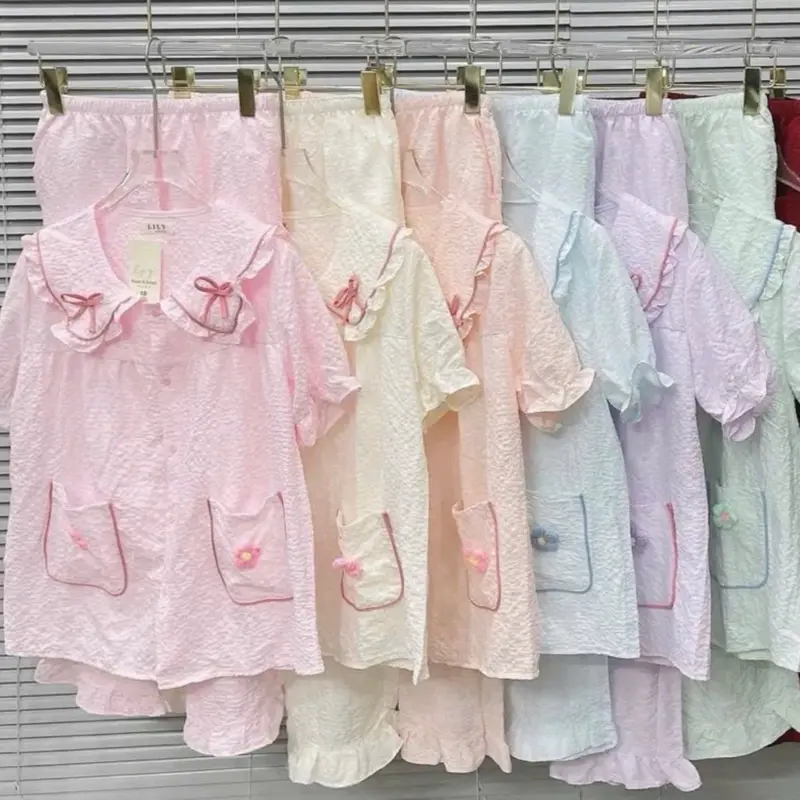 (Màu Pastel) Bộ Ngủ Nữ, Bộ Pijama Mặc Nhà Nữ Chất Đũi Gạo Nhiều Màu Mịn Mềm, Thấm Hút Tốt, Áo Ngủ Phối Ren Tiểu Thư Quần Ngủ Freesize Women Nhung Voi Kem Tim Nho đũi  xốp 8